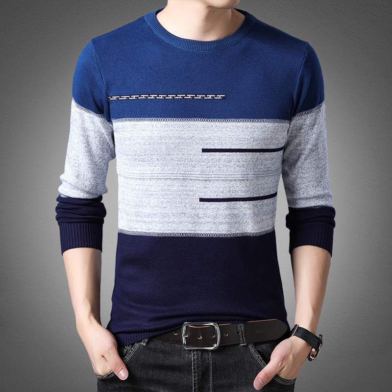 Pull hiver hommes col rond rayé coton chandails coupe ajustée mens tricots