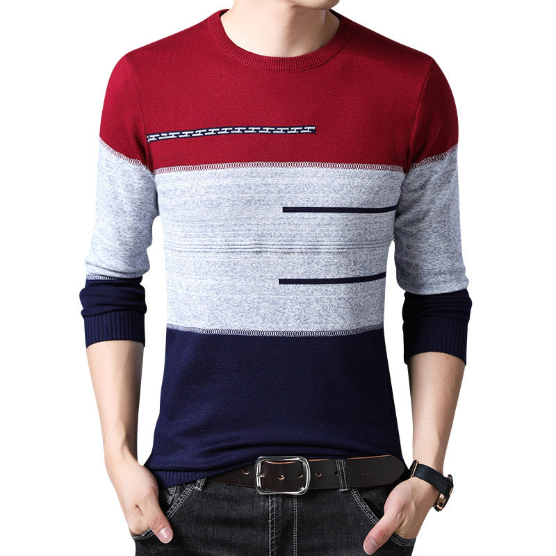 Pull hiver hommes col rond rayé coton chandails coupe ajustée mens tricots