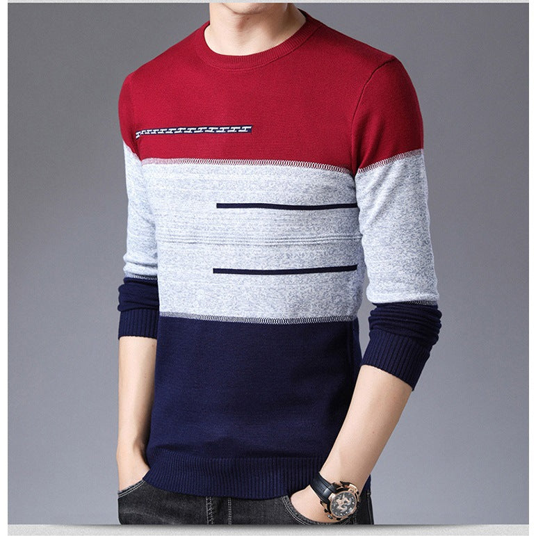 Pull hiver hommes col rond rayé coton chandails coupe ajustée mens tricots